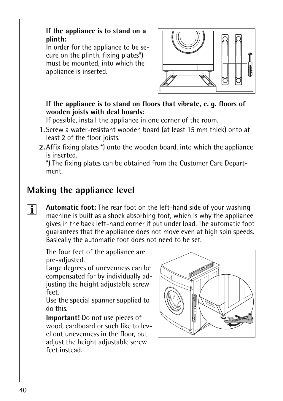 Making the appliance level | Electrolux LAVALOGIC 1620 User Manual | Page 40 / 48