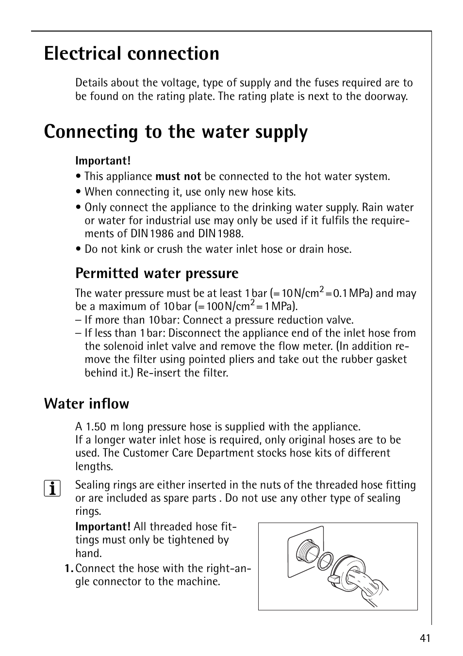 Electrical connection, Connecting to the water supply, Permitted water pressure | Water inflow | Electrolux LAVALOGIC 1620 User Manual | Page 41 / 48