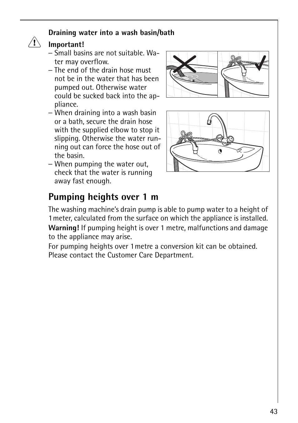 Pumping heights over 1 m | Electrolux LAVALOGIC 1620 User Manual | Page 43 / 48