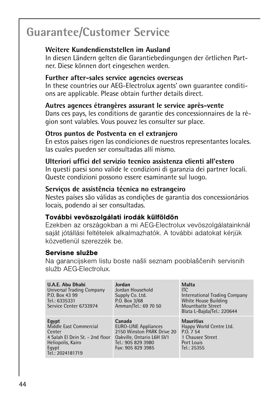Guarantee/customer service | Electrolux LAVALOGIC 1620 User Manual | Page 44 / 48
