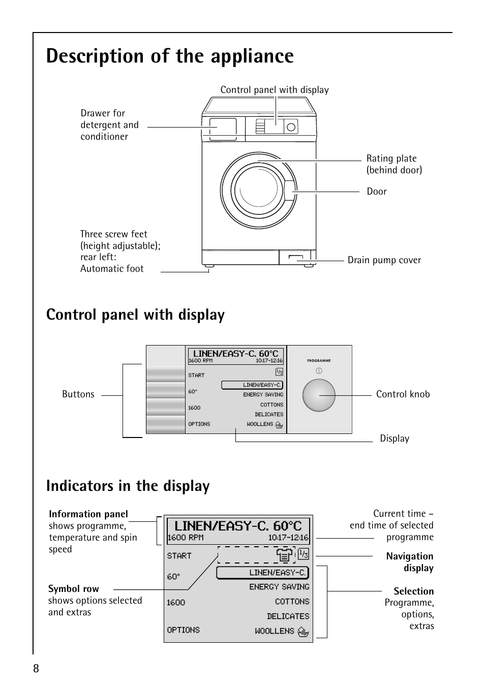 Description of the appliance, Control panel with display, Indicators in the display | Linen/easy-c. 60°c | Electrolux LAVALOGIC 1620 User Manual | Page 8 / 48