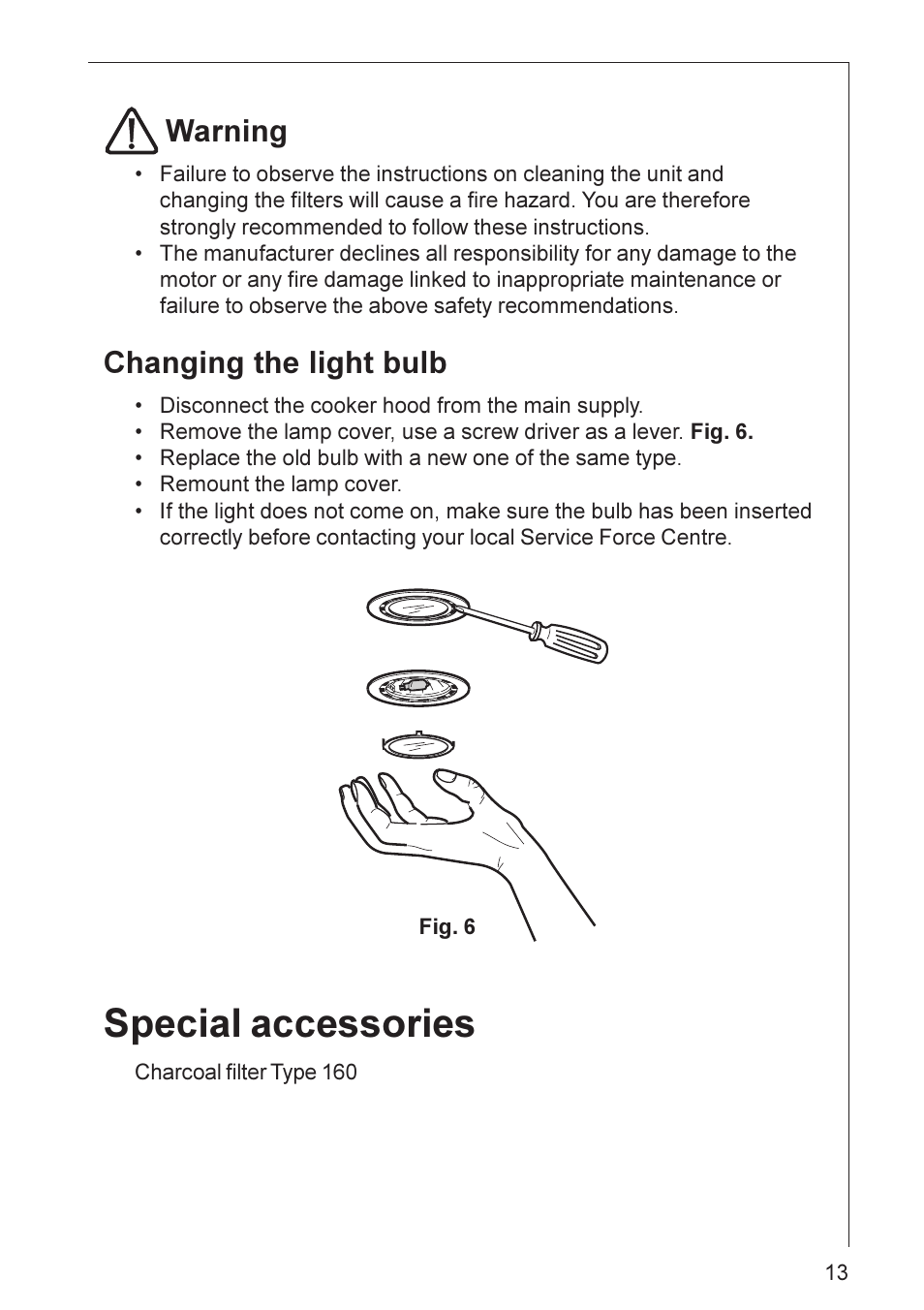 Special accessories, Warning, Changing the light bulb | Electrolux HD 8694 User Manual | Page 13 / 20