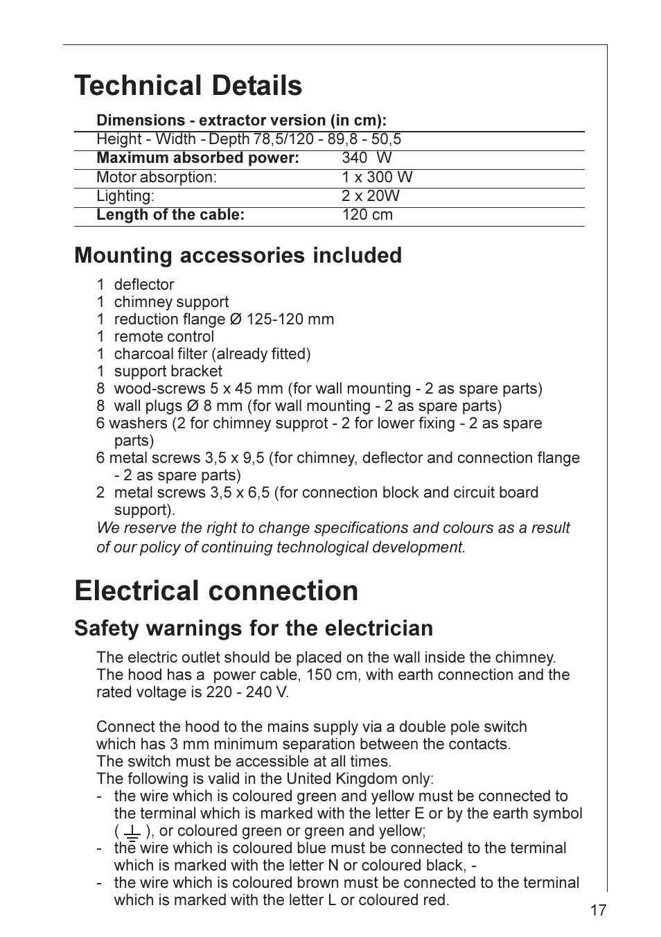 Technical details, Electrical connection, Mounting accessories included | Safety warnings for the electrician | Electrolux HD 8694 User Manual | Page 17 / 20