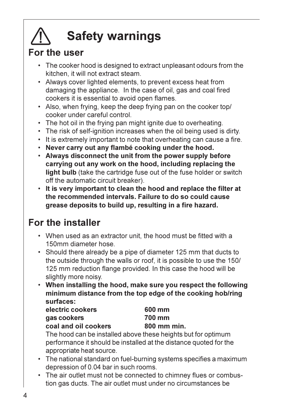 Safety warnings, For the user, For the installer | Electrolux HD 8694 User Manual | Page 4 / 20