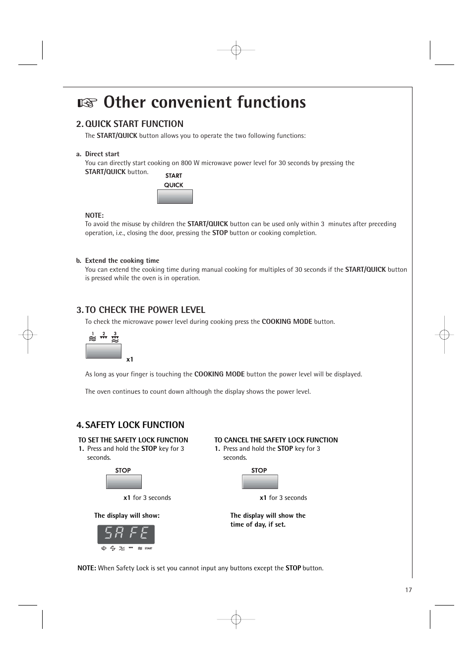 Other convenient functions, Quick start function, Safety lock function | Electrolux MCD1761E User Manual | Page 19 / 48