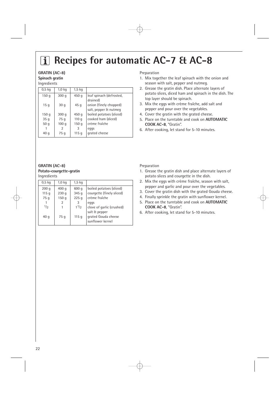 Recipes for automatic ac-7 & ac-8 | Electrolux MCD1761E User Manual | Page 24 / 48