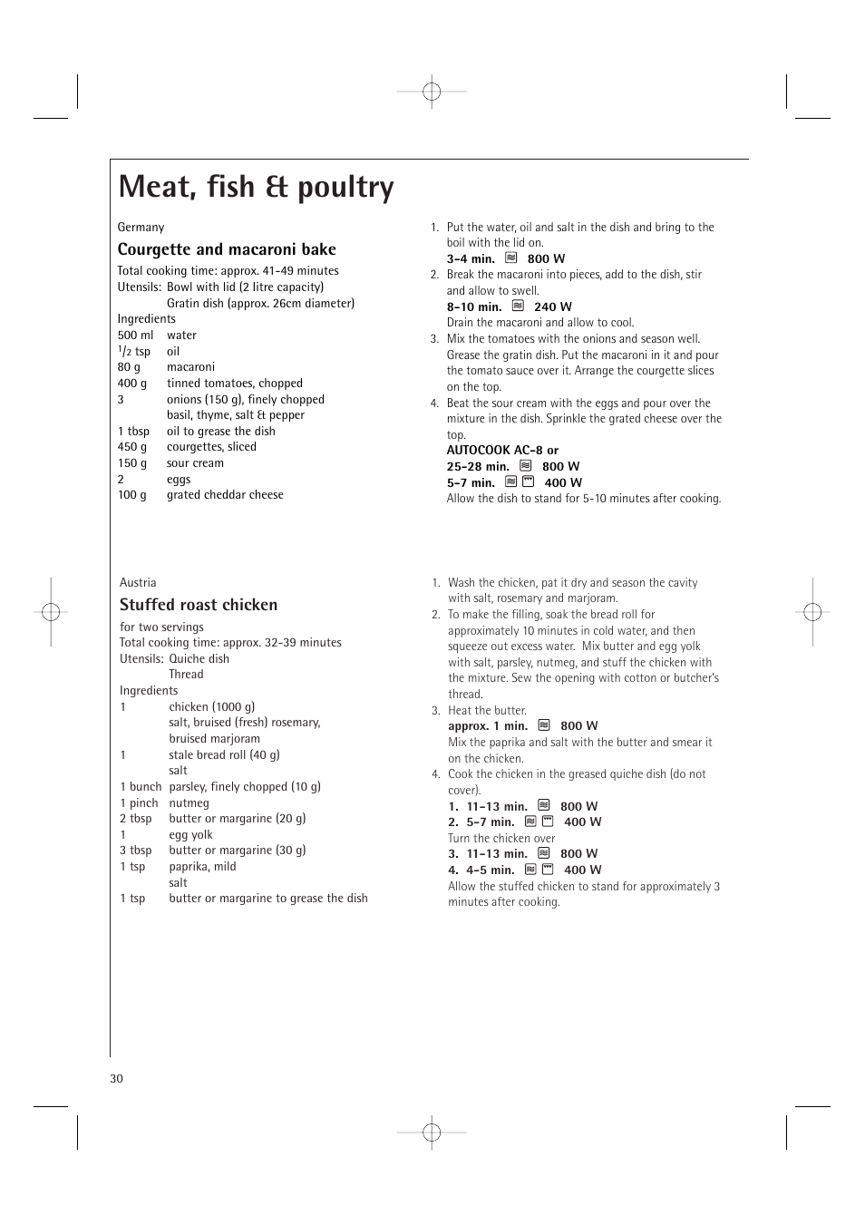 Meat, fish & poultry, Stuffed roast chicken, Courgette and macaroni bake | Electrolux MCD1761E User Manual | Page 32 / 48