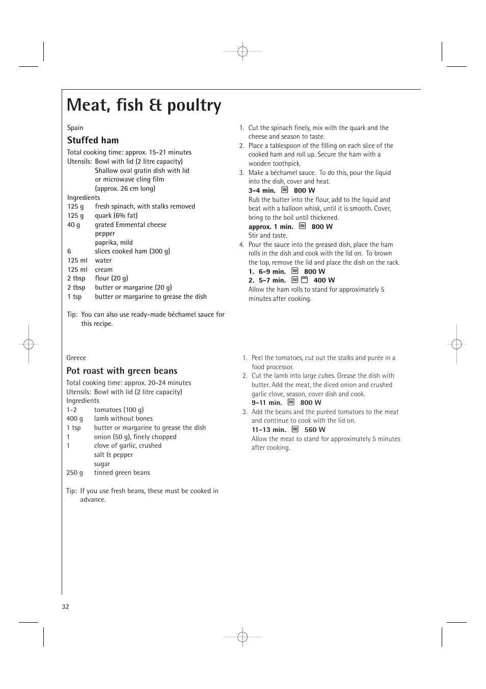 Meat, fish & poultry, Pot roast with green beans, Stuffed ham | Electrolux MCD1761E User Manual | Page 34 / 48