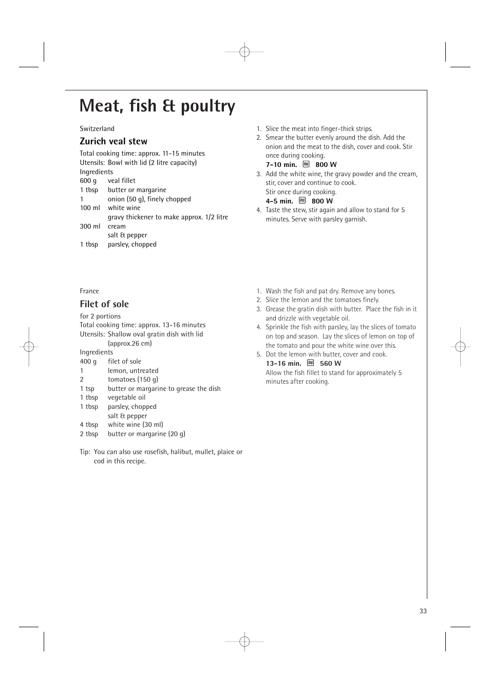 Meat, fish & poultry, Filet of sole, Zurich veal stew | Electrolux MCD1761E User Manual | Page 35 / 48