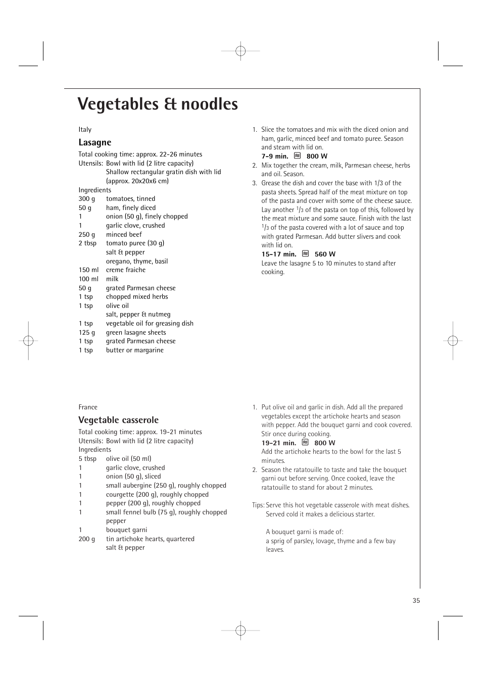 Vegetables & noodles, Vegetable casserole, Lasagne | Electrolux MCD1761E User Manual | Page 37 / 48