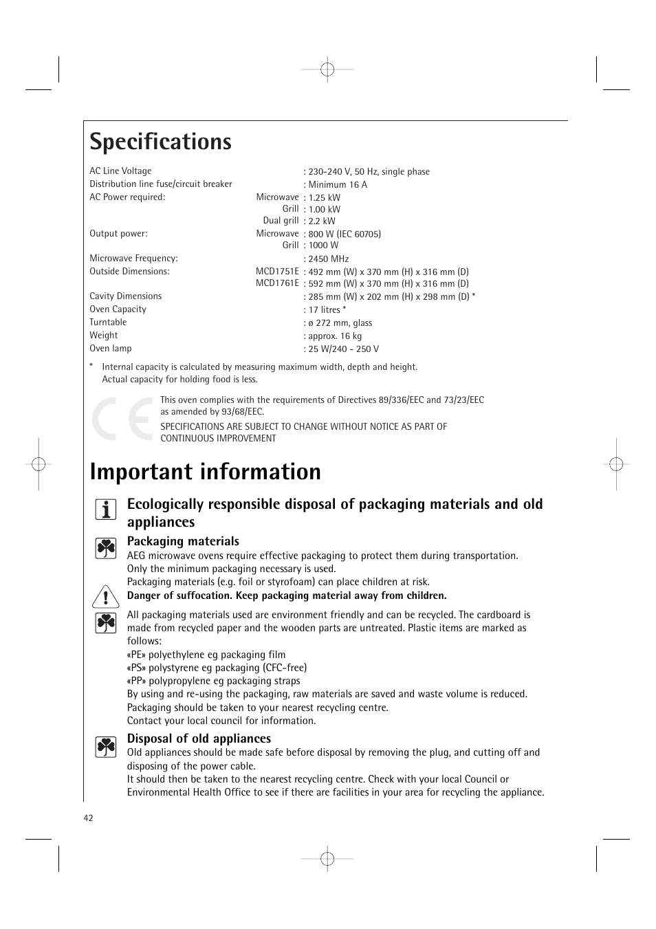 Specifications, Important information | Electrolux MCD1761E User Manual | Page 44 / 48