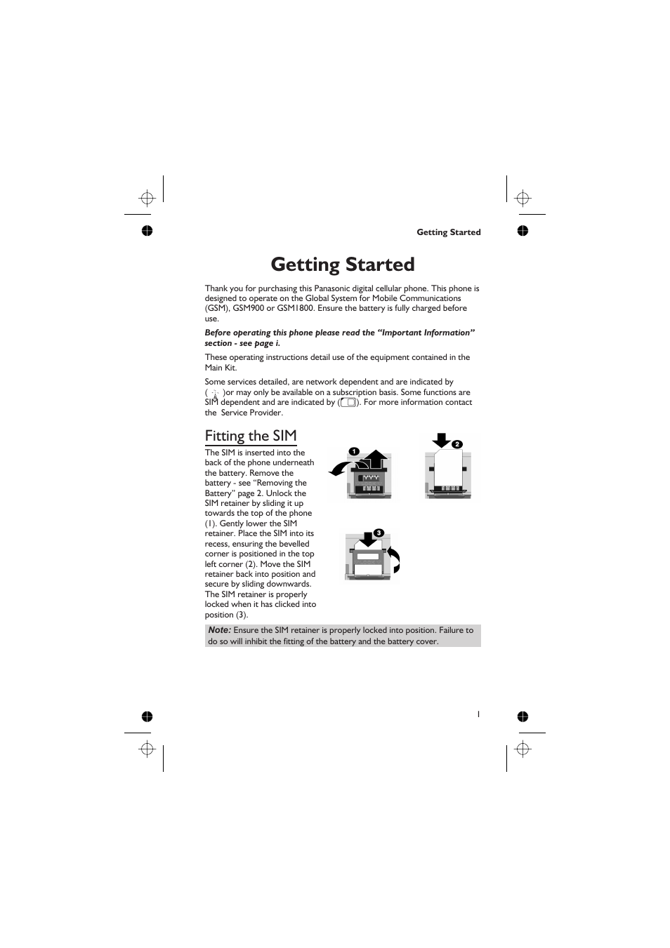 Getting started 1, Fitting the sim 1, Getting started | Fitting the sim | Panasonic GD76 User Manual | Page 11 / 84