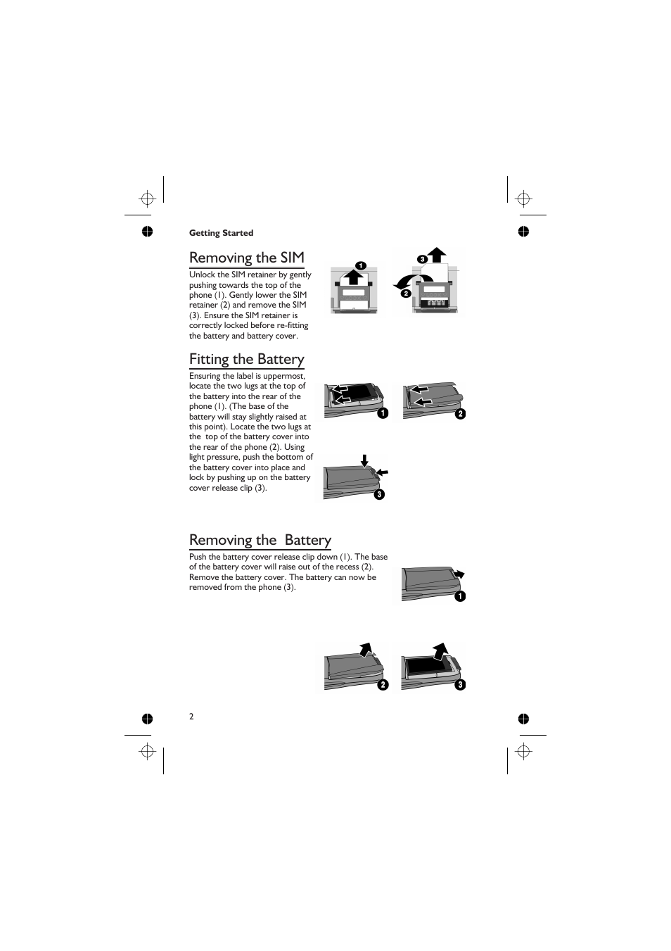 Removing the sim 2, Fitting the battery 2, Removing the battery 2 | Removing the sim, Fitting the battery, Removing the battery | Panasonic GD76 User Manual | Page 12 / 84