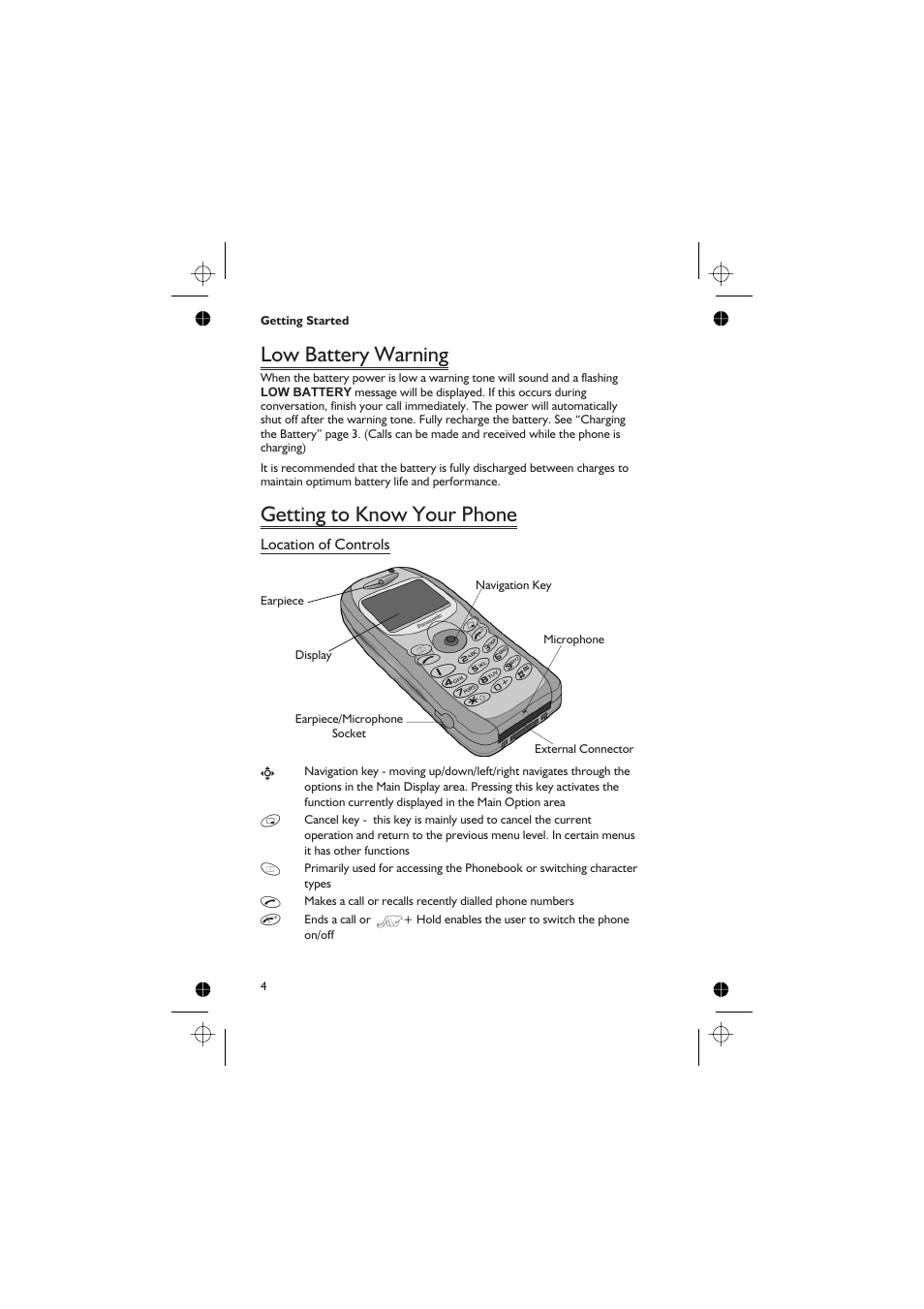 Low battery warning 4, Getting to know your phone 4, Low battery warning | Getting to know your phone | Panasonic GD76 User Manual | Page 14 / 84