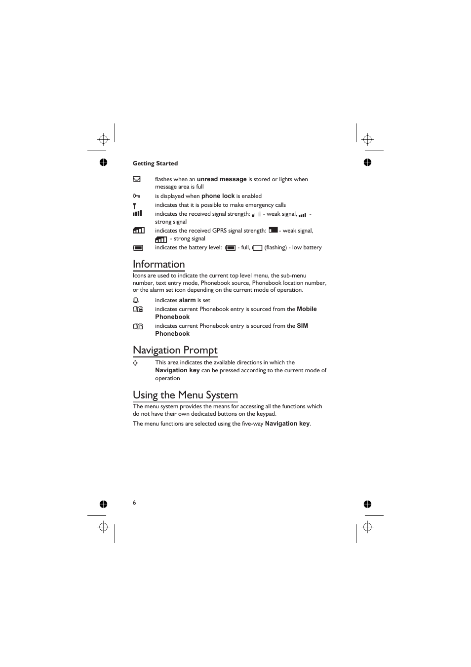 Information 6, Navigation prompt 6, Using the menu system 6 | Information, Navigation prompt, Using the menu system | Panasonic GD76 User Manual | Page 16 / 84