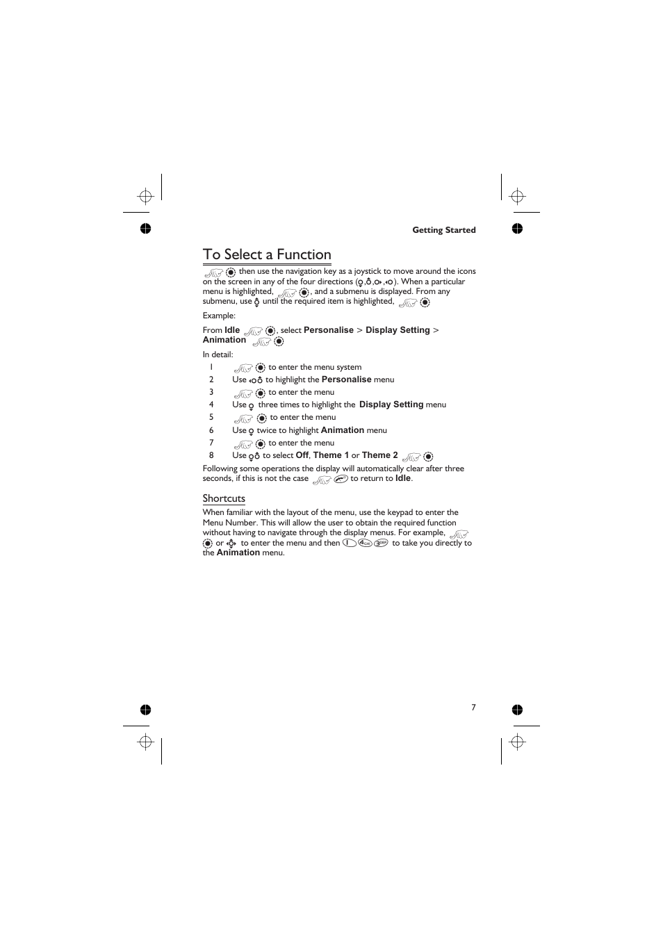 To select a function 7, To select a function, Shortcuts | Panasonic GD76 User Manual | Page 17 / 84
