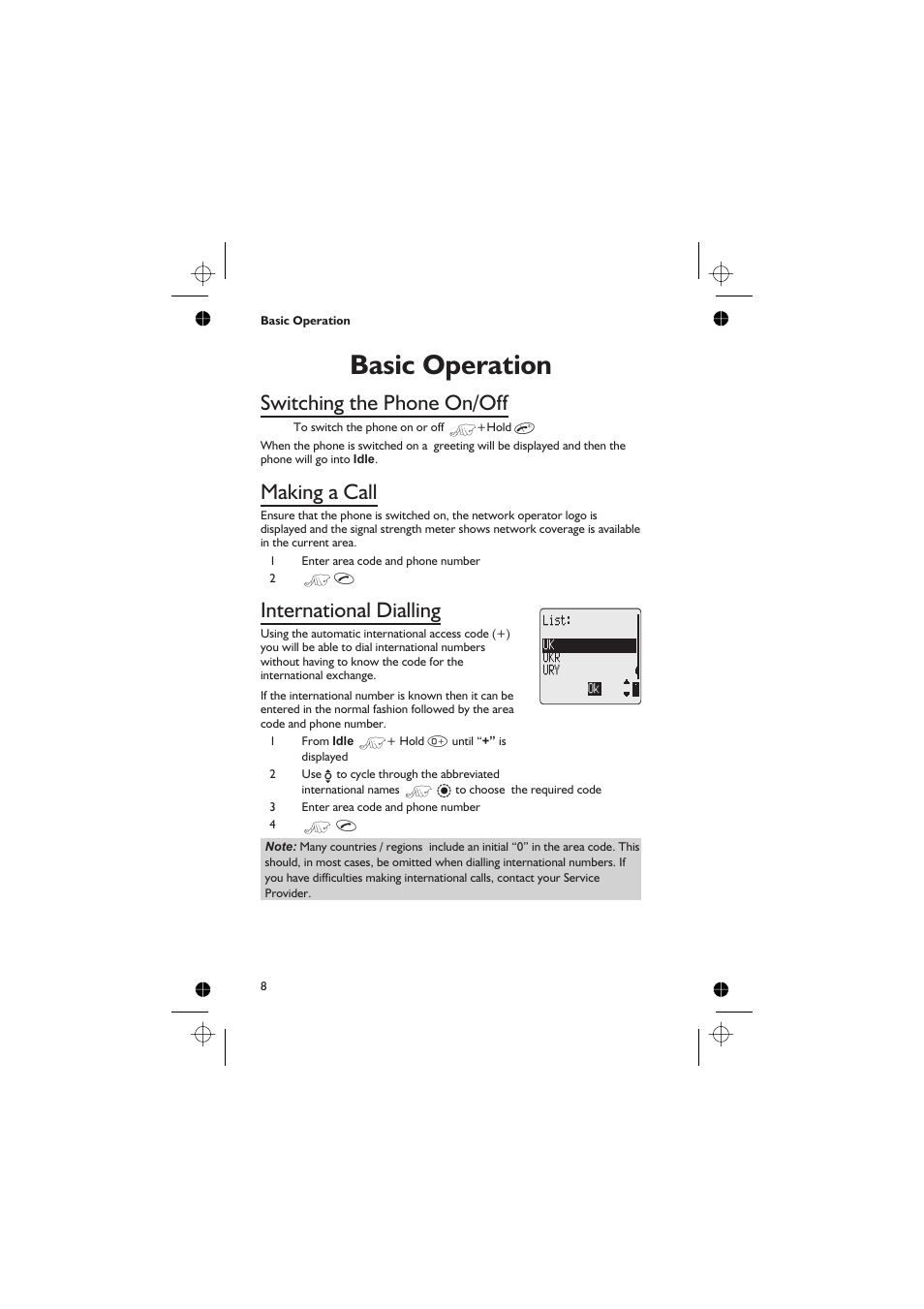 Basic operation 8, Switching the phone on/off 8, Making a call 8 | International dialling 8, Basic operation, Switching the phone on/off, Making a call, International dialling | Panasonic GD76 User Manual | Page 18 / 84