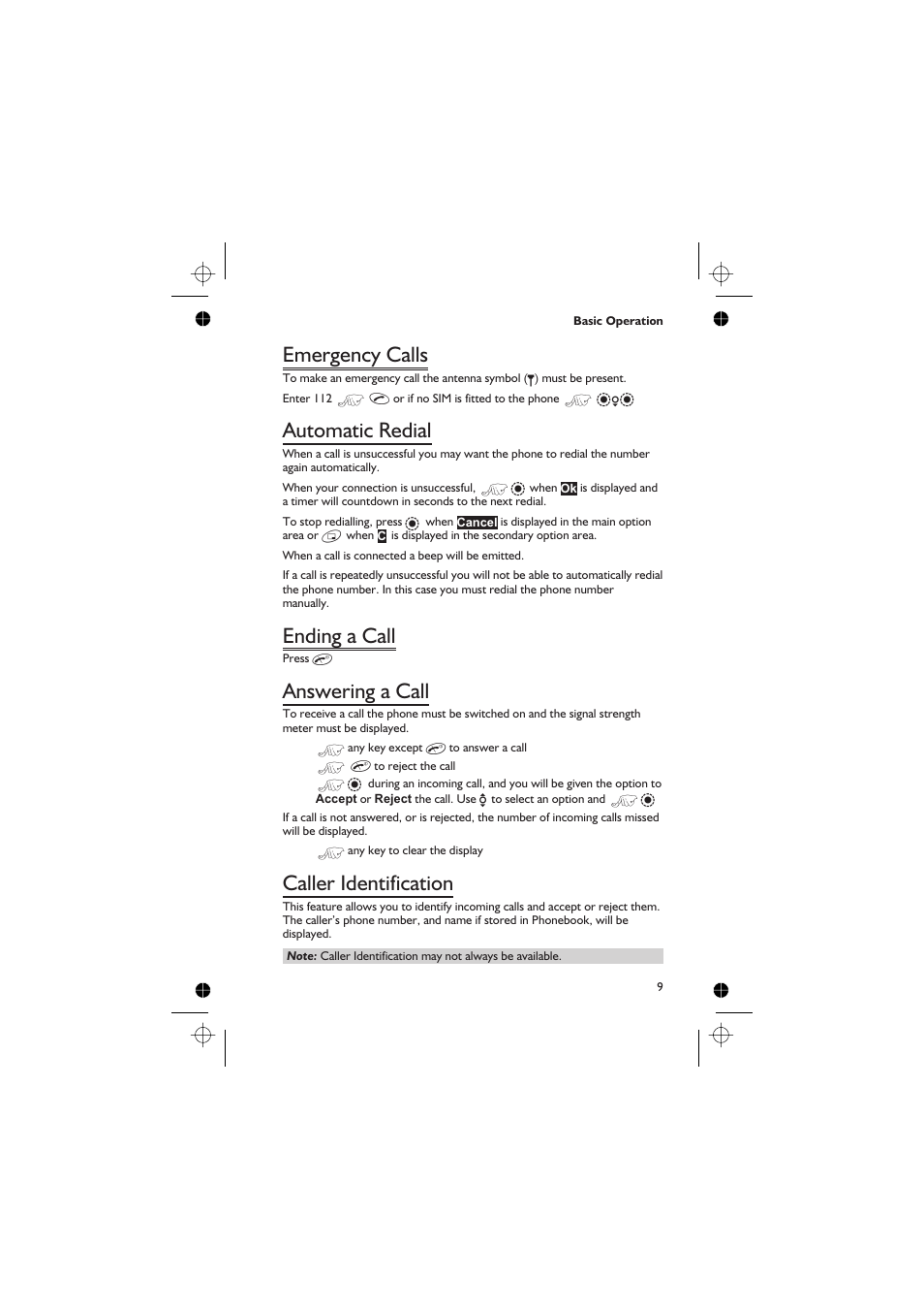 Emergency calls 9, Automatic redial 9, Ending a call 9 | Answering a call 9, Caller identification 9, Emergency calls, Automatic redial, Ending a call, Answering a call, Caller identification | Panasonic GD76 User Manual | Page 19 / 84