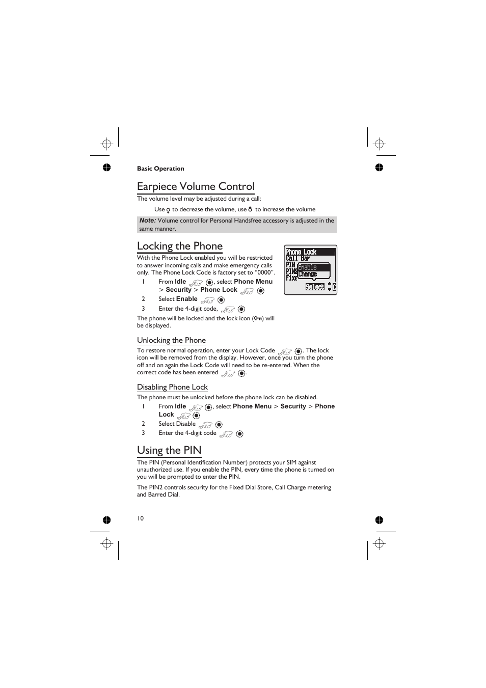 Earpiece volume control 10, Locking the phone 10, Using the pin 10 | Earpiece volume control, Locking the phone, Using the pin | Panasonic GD76 User Manual | Page 20 / 84