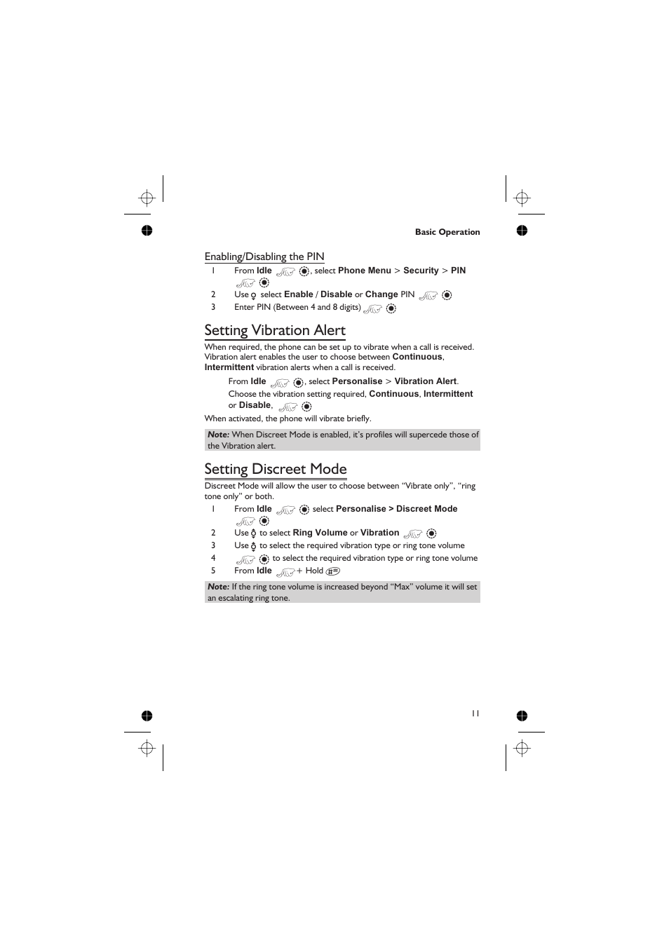 Setting vibration alert 11, Setting discreet mode 11, Setting vibration alert | Setting discreet mode | Panasonic GD76 User Manual | Page 21 / 84
