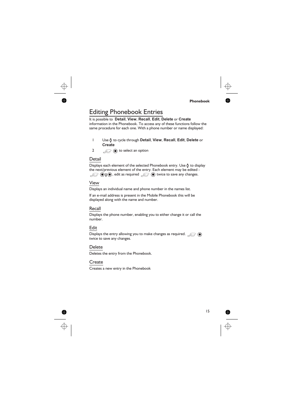 Editing phonebook entries 15, Editing phonebook entries | Panasonic GD76 User Manual | Page 25 / 84