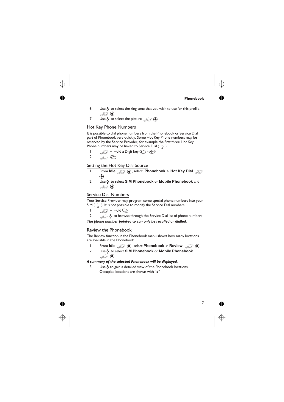 Hot key phone numbers, Setting the hot key dial source, Service dial numbers | Review the phonebook | Panasonic GD76 User Manual | Page 27 / 84