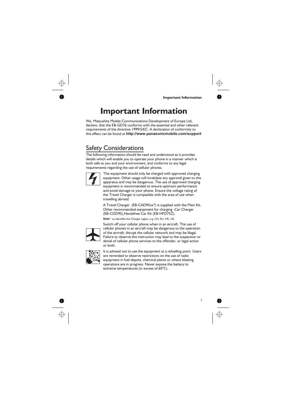 Important information i, Safety considerations i, Important information | Safety considerations | Panasonic GD76 User Manual | Page 3 / 84