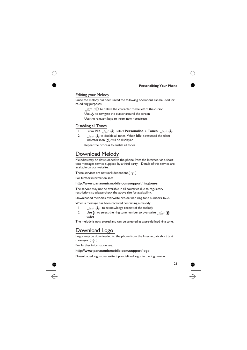 Download melody 21, Download logo 21, Download melody | Download logo | Panasonic GD76 User Manual | Page 31 / 84