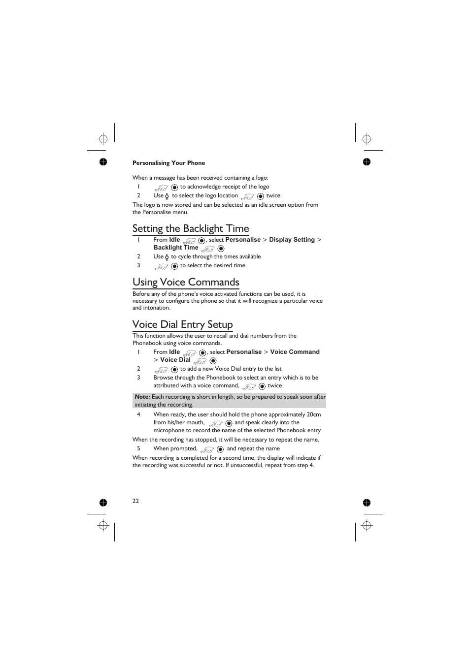 Setting the backlight time 22, Using voice commands 22, Voice dial entry setup 22 | Setting the backlight time, Using voice commands, Voice dial entry setup | Panasonic GD76 User Manual | Page 32 / 84