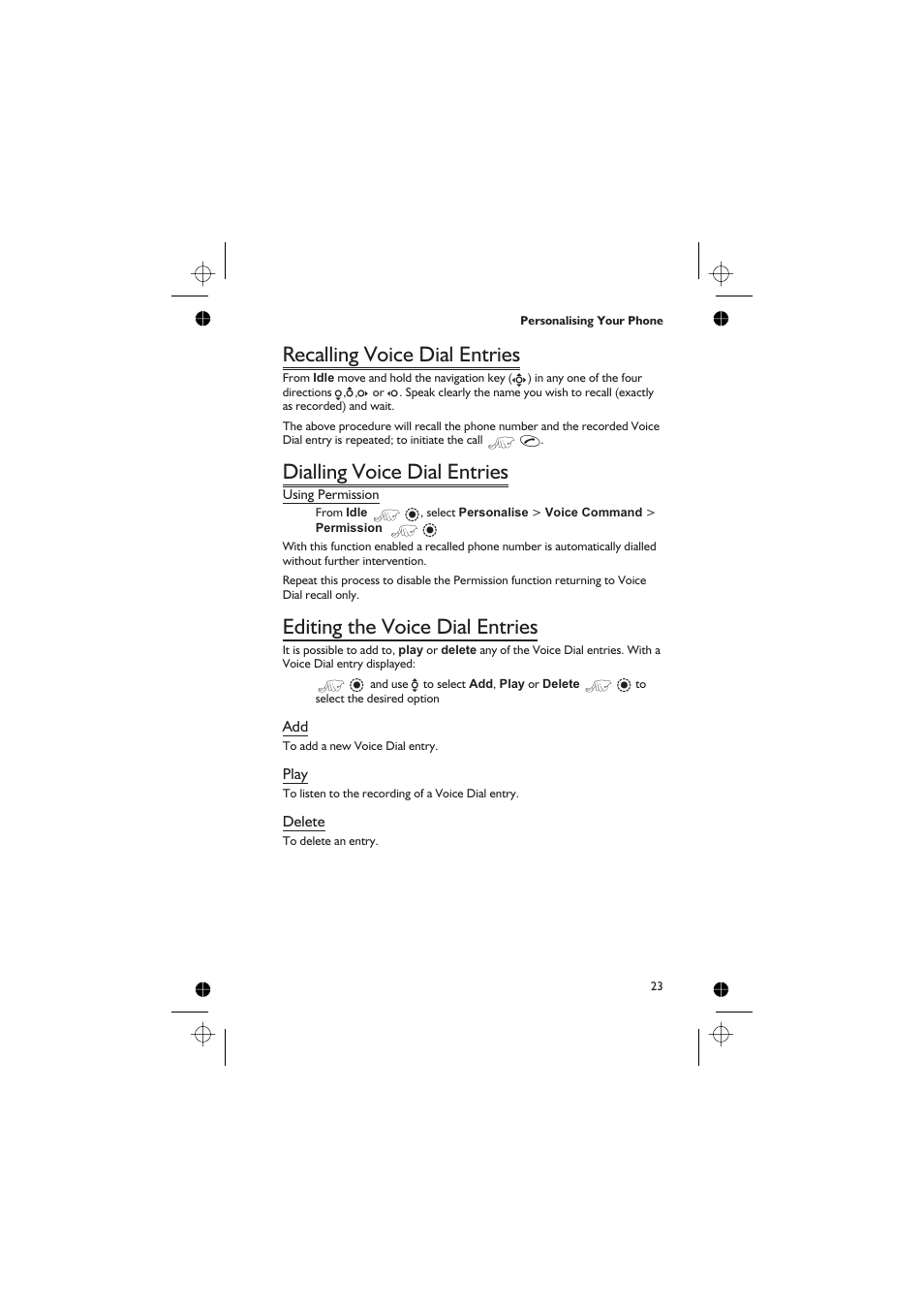 Recalling voice dial entries 23, Dialling voice dial entries 23, Editing the voice dial entries 23 | Recalling voice dial entries, Dialling voice dial entries, Editing the voice dial entries | Panasonic GD76 User Manual | Page 33 / 84