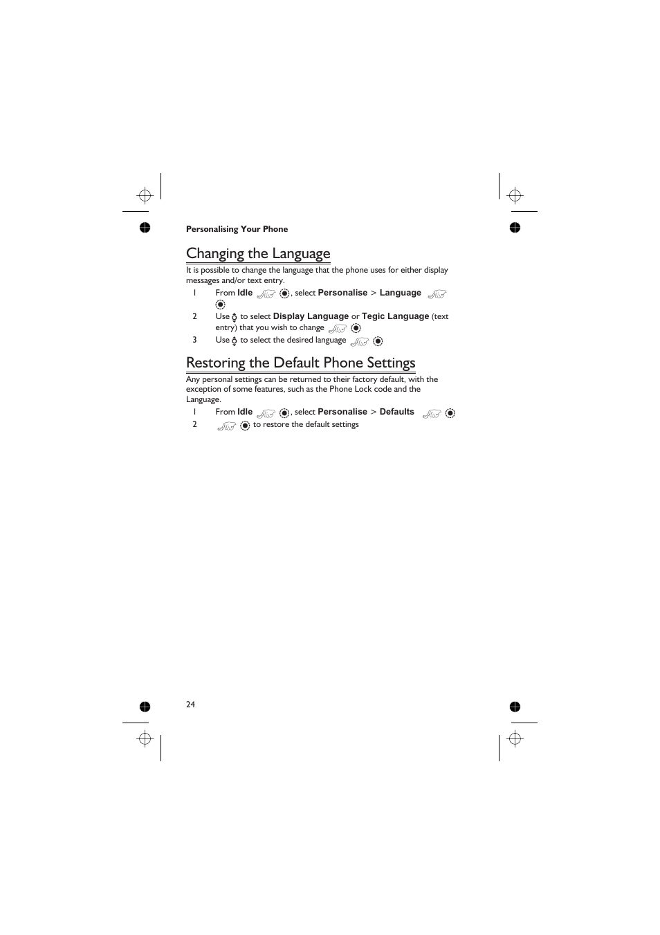 Changing the language 24, Restoring the default phone settings 24, Changing the language | Restoring the default phone settings | Panasonic GD76 User Manual | Page 34 / 84
