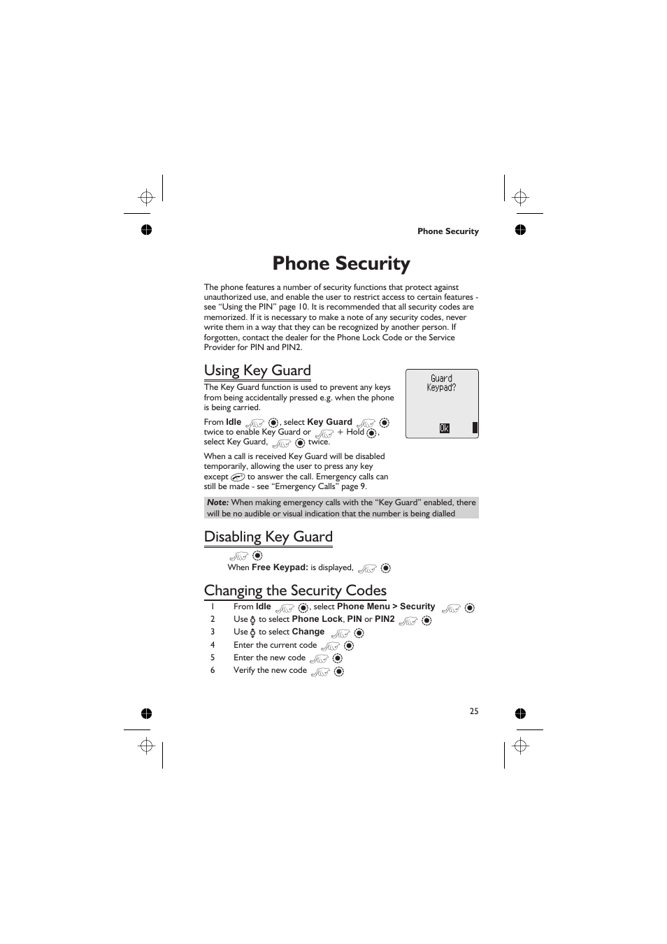 Phone security 25, Using key guard 25, Disabling key guard 25 | Changing the security codes 25, Phone security, Using key guard, Disabling key guard, Changing the security codes | Panasonic GD76 User Manual | Page 35 / 84