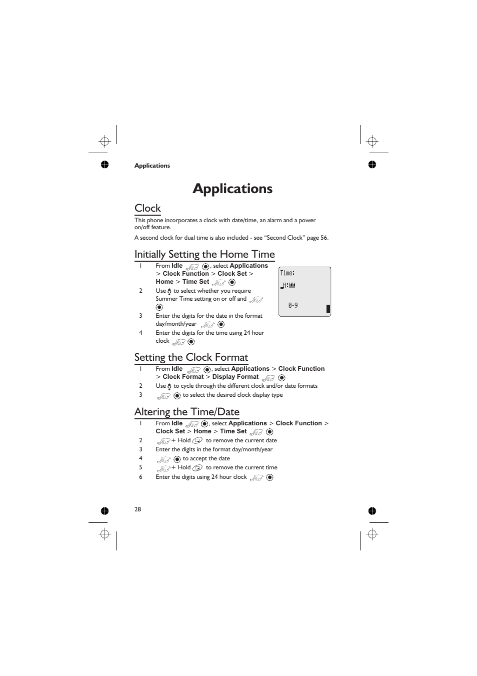 Applications 28, Clock 28, Initially setting the home time 28 | Setting the clock format 28, Altering the time/date 28, Applications, Clock, Initially setting the home time, Setting the clock format, Altering the time/date | Panasonic GD76 User Manual | Page 38 / 84