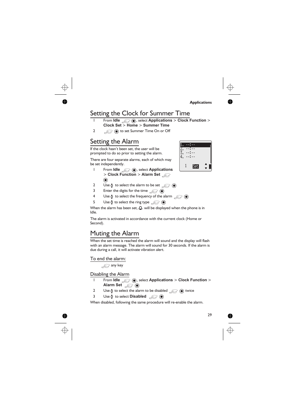 Setting the clock for summer time 29, Setting the alarm 29, Muting the alarm 29 | Setting the clock for summer time, Setting the alarm, Muting the alarm | Panasonic GD76 User Manual | Page 39 / 84