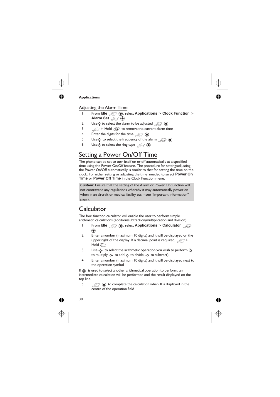 Setting a power on/off time 30, Calculator 30, Setting a power on/off time | Calculator, Adjusting the alarm time | Panasonic GD76 User Manual | Page 40 / 84