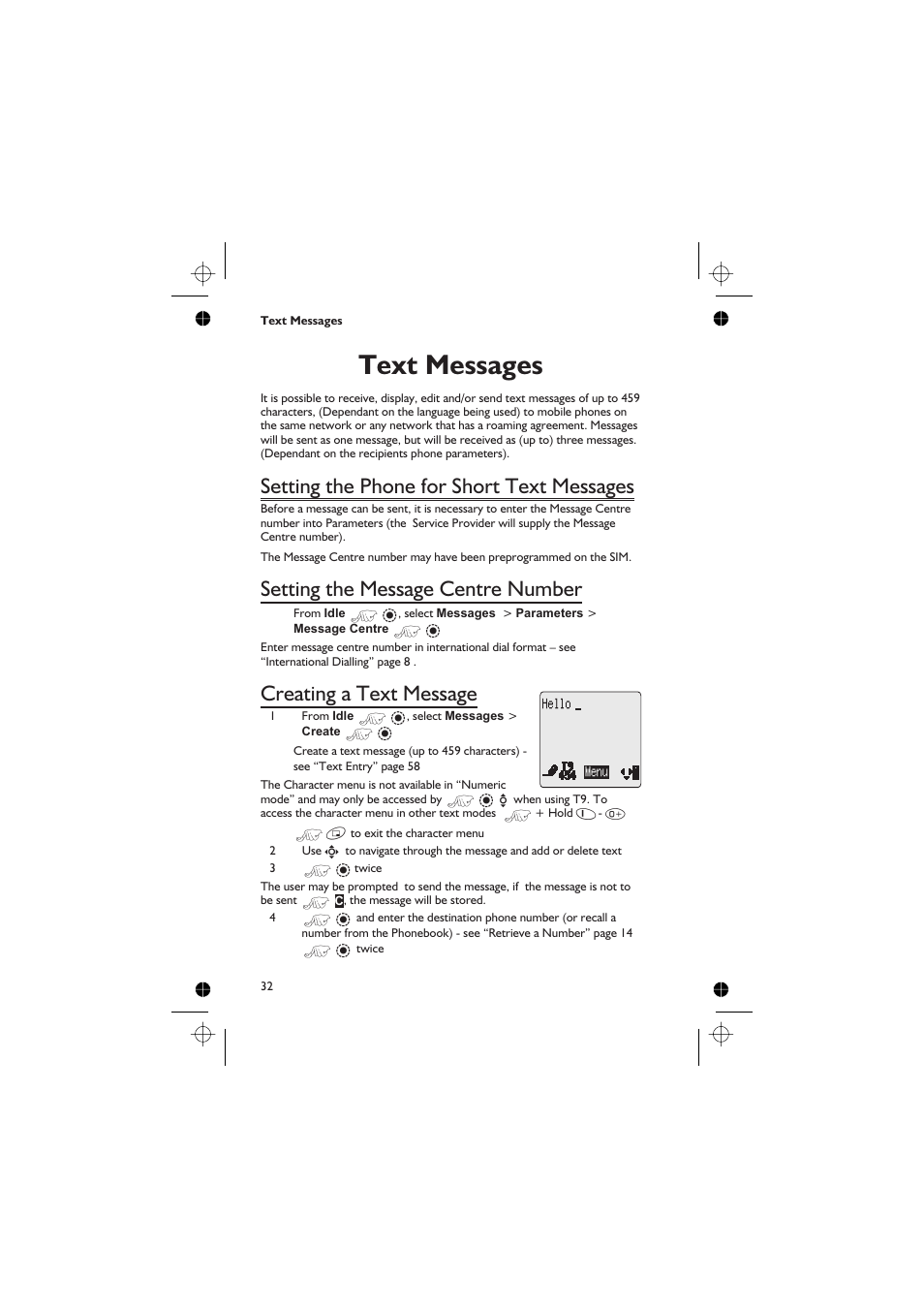 Text messages 32, Setting the phone for short text messages 32, Setting the message centre number 32 | Creating a text message 32, Text messages, Setting the phone for short text messages, Setting the message centre number, Creating a text message | Panasonic GD76 User Manual | Page 42 / 84