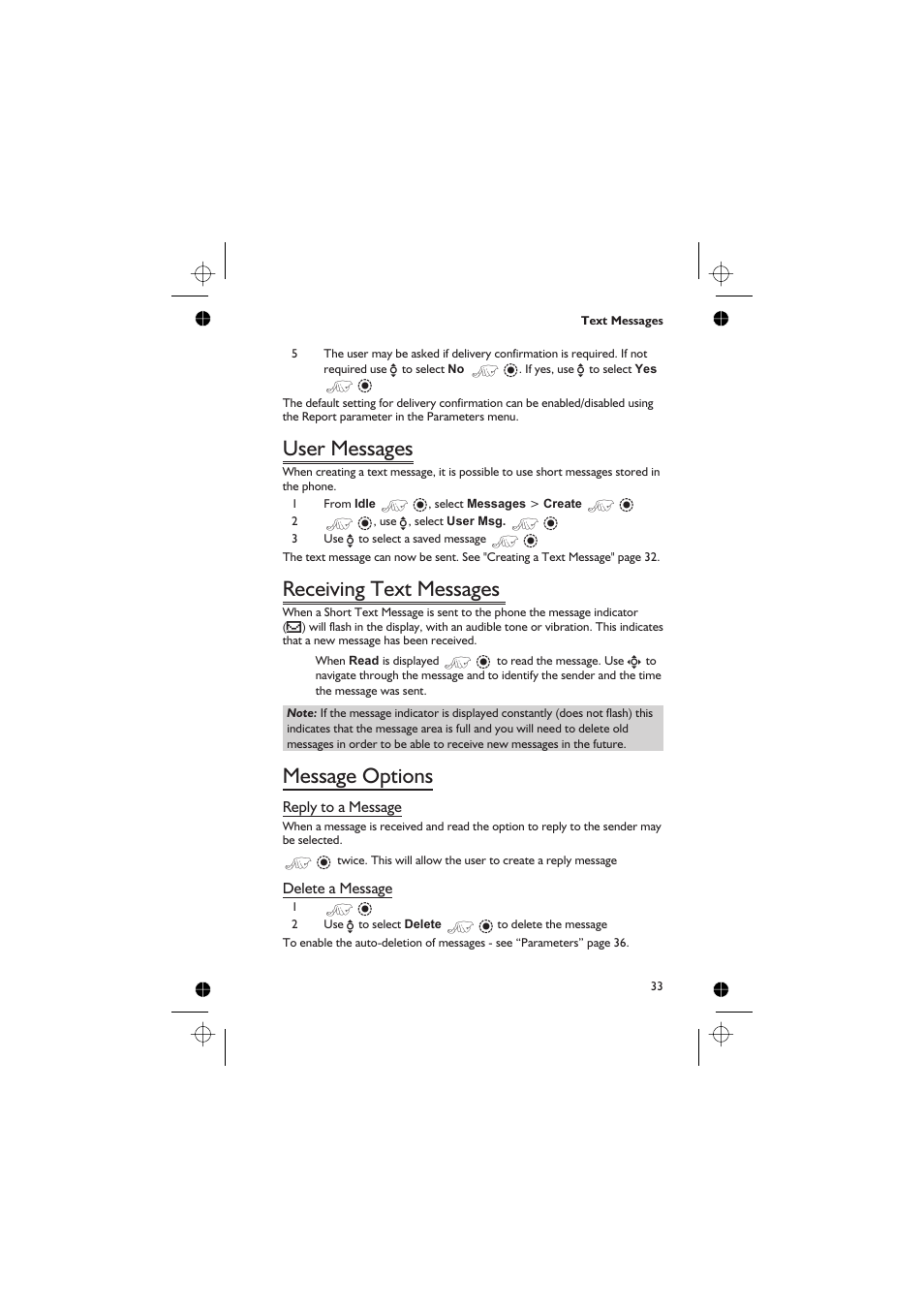 User messages 33, Receiving text messages 33, Message options 33 | User messages, Receiving text messages, Message options | Panasonic GD76 User Manual | Page 43 / 84