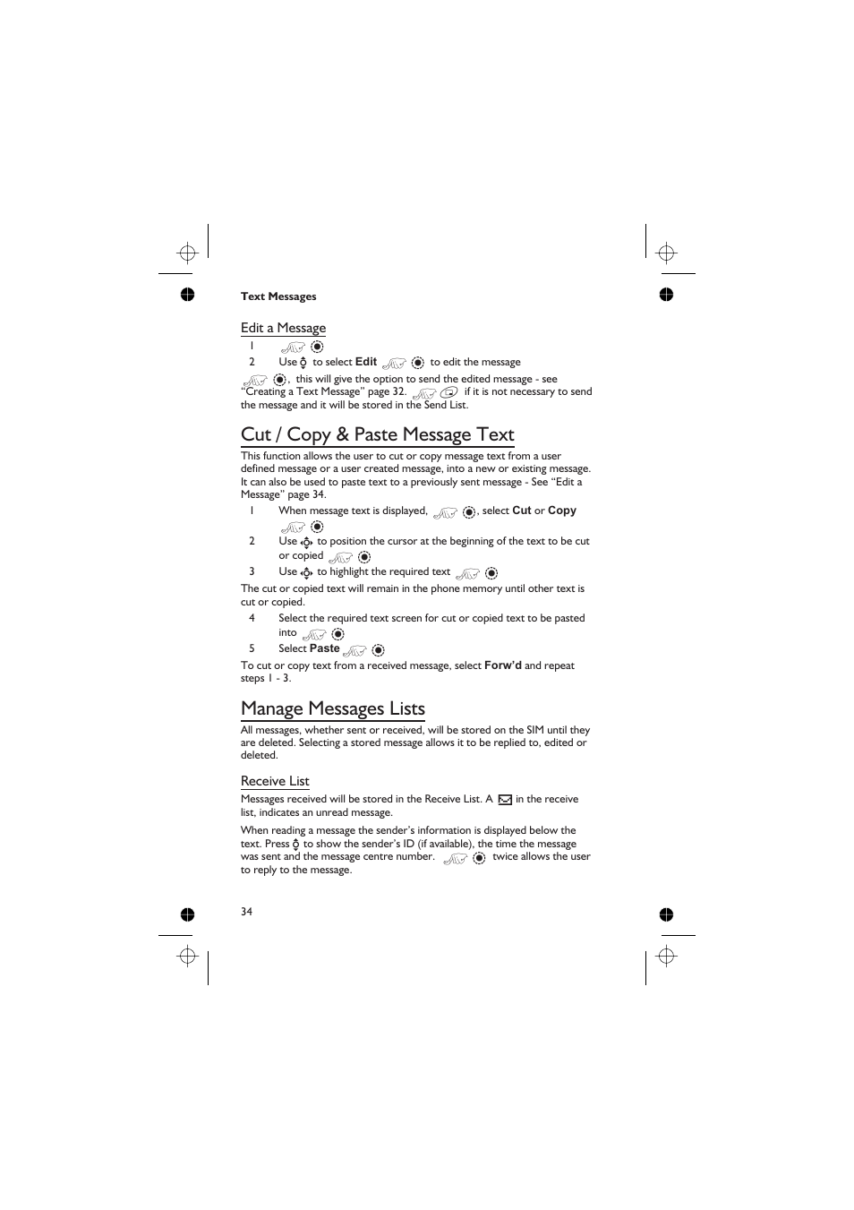 Cut / copy & paste message text 34, Manage messages lists 34, Cut / copy & paste message text | Manage messages lists | Panasonic GD76 User Manual | Page 44 / 84