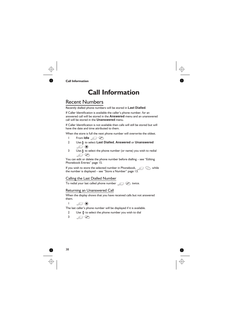 Call information 38, Recent numbers 38, Call information | Recent numbers | Panasonic GD76 User Manual | Page 48 / 84