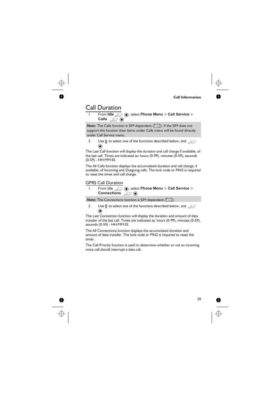 Call duration 39, Call duration, Gprs call duration | Panasonic GD76 User Manual | Page 49 / 84