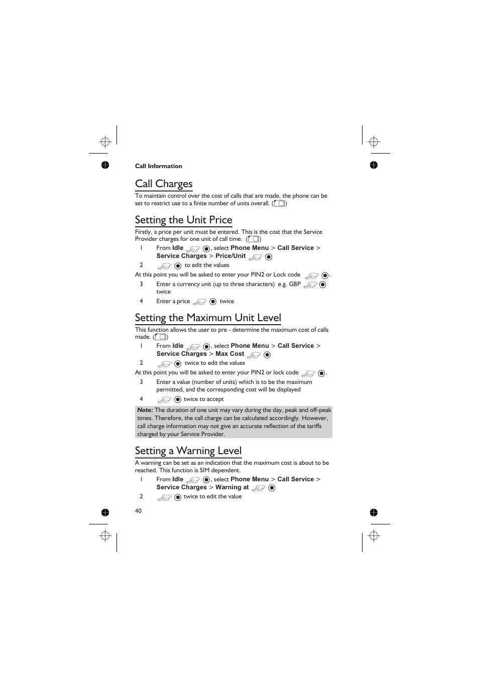 Call charges 40, Setting the unit price 40, Setting the maximum unit level 40 | Setting a warning level 40, Call charges, Setting the unit price, Setting the maximum unit level, Setting a warning level | Panasonic GD76 User Manual | Page 50 / 84