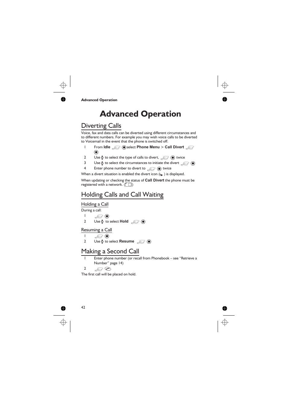 Advanced operation 42, Diverting calls 42, Holding calls and call waiting 42 | Making a second call 42, Advanced operation, Diverting calls, Holding calls and call waiting, Making a second call | Panasonic GD76 User Manual | Page 52 / 84