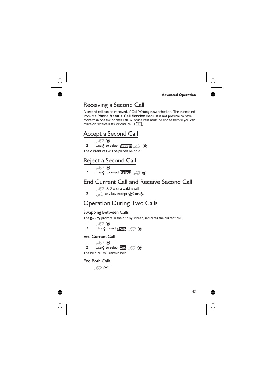 Receiving a second call 43, Accept a second call 43, Reject a second call 43 | End current call and receive second call 43, Operation during two calls 43, Receiving a second call, Accept a second call, Reject a second call, End current call and receive second call, Operation during two calls | Panasonic GD76 User Manual | Page 53 / 84