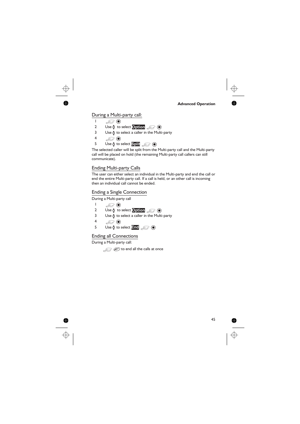 During a multi-party call, Ending multi-party calls, Ending a single connection | Ending all connections | Panasonic GD76 User Manual | Page 55 / 84