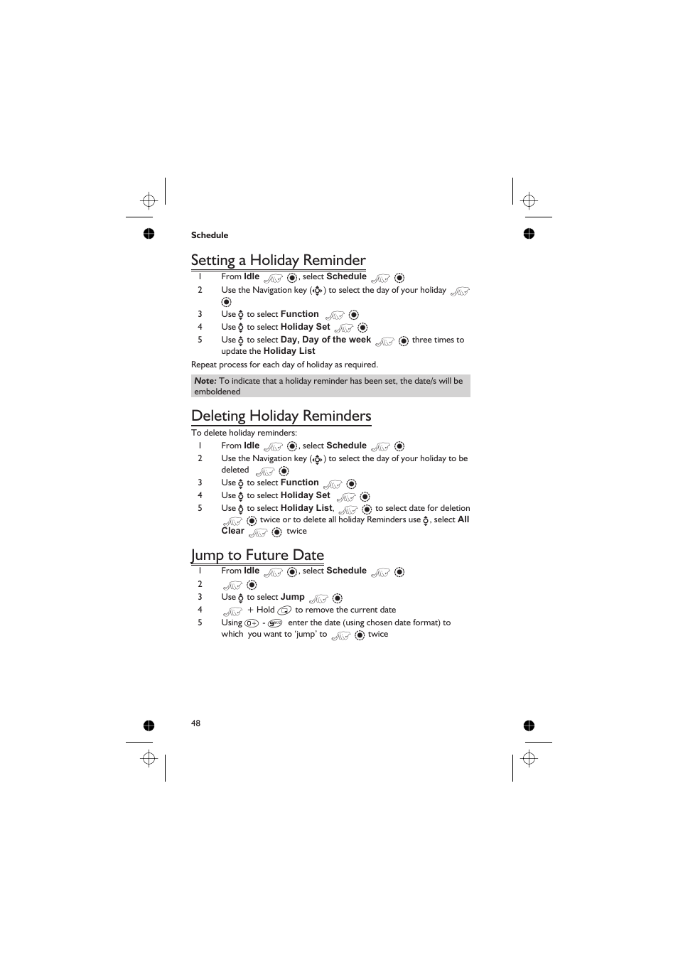 Setting a holiday reminder 48, Deleting holiday reminders 48, Jump to future date 48 | Setting a holiday reminder, Deleting holiday reminders, Jump to future date | Panasonic GD76 User Manual | Page 58 / 84