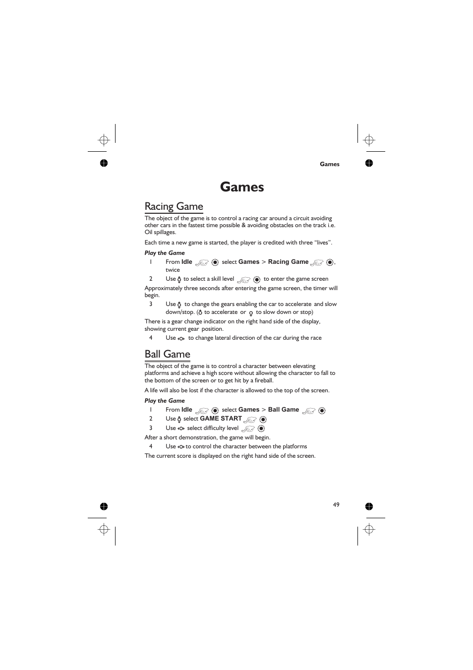 Games 49, Racing game 49, Ball game 49 | Games, Racing game, Ball game | Panasonic GD76 User Manual | Page 59 / 84