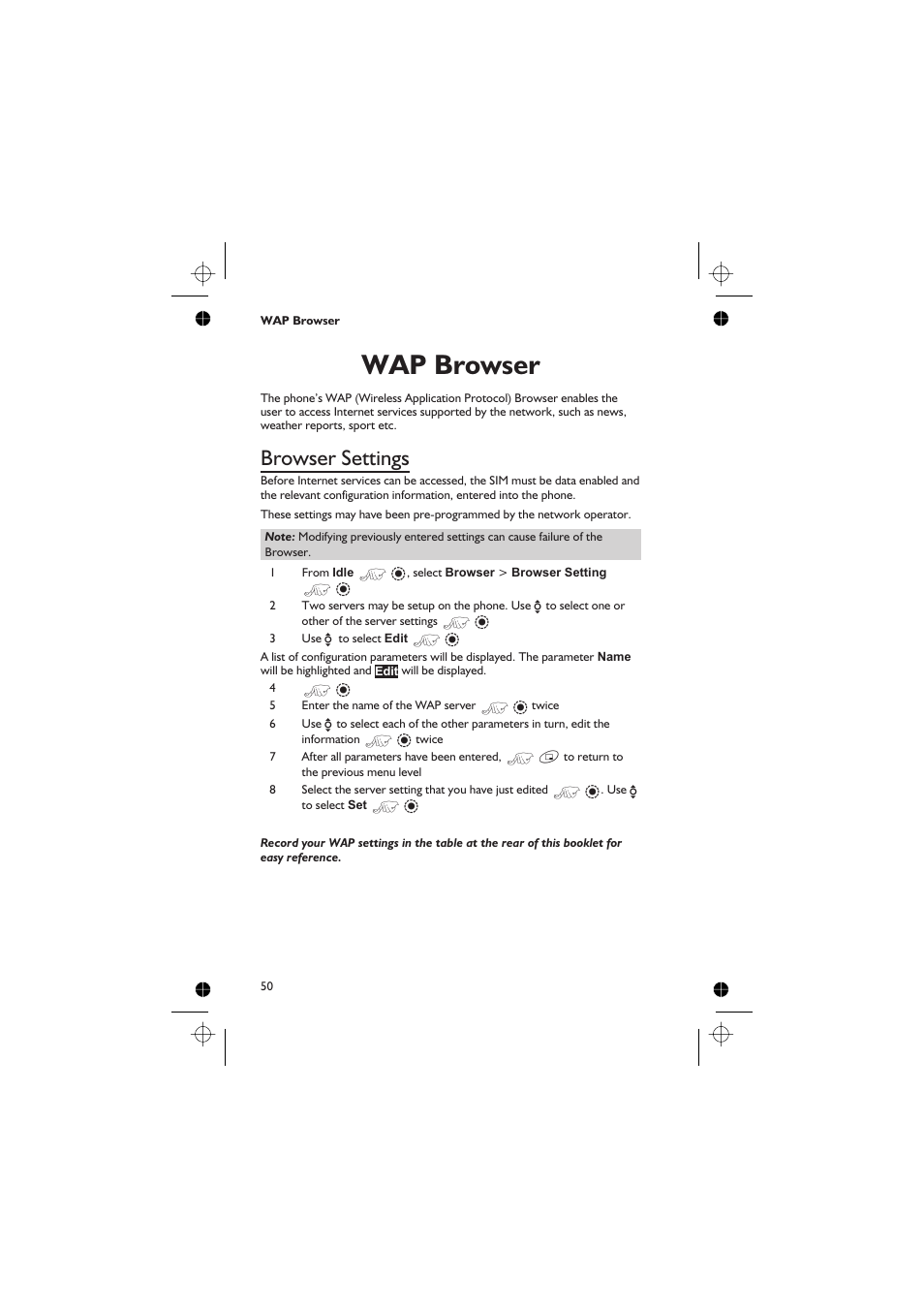 Wap browser 50, Browser settings 50, Wap browser | Browser settings | Panasonic GD76 User Manual | Page 60 / 84