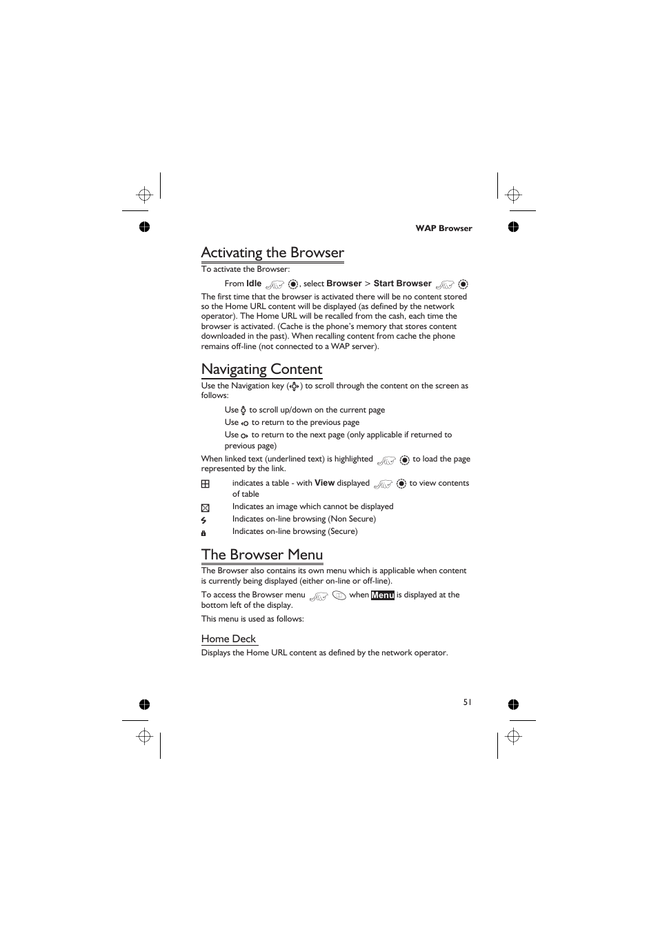 Activating the browser 51, Navigating content 51, The browser menu 51 | Activating the browser, Navigating content, The browser menu | Panasonic GD76 User Manual | Page 61 / 84