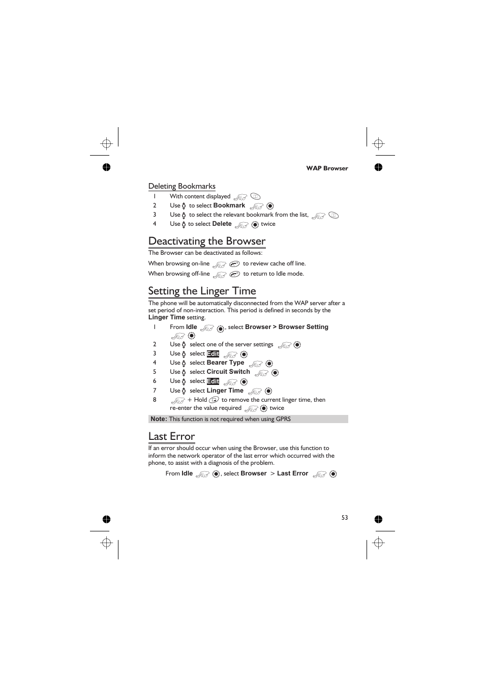 Deactivating the browser 53, Setting the linger time 53, Last error 53 | Deactivating the browser, Setting the linger time, Last error | Panasonic GD76 User Manual | Page 63 / 84