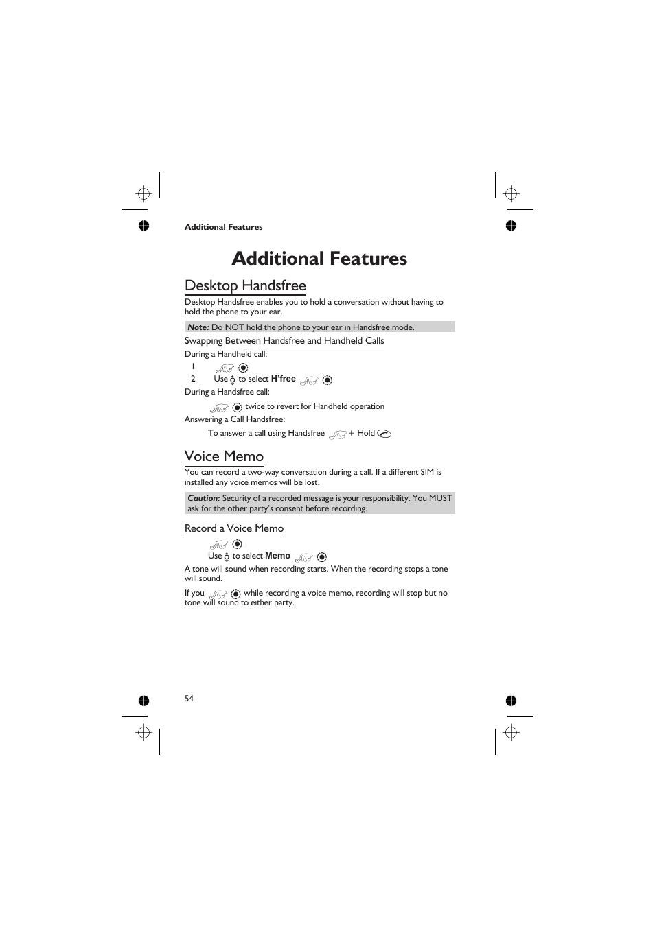 Additional features 54, Desktop handsfree 54, Voice memo 54 | Additional features, Desktop handsfree, Voice memo | Panasonic GD76 User Manual | Page 64 / 84